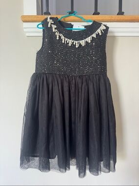 Girls Black Pearl-Trim Tulle Party Dress